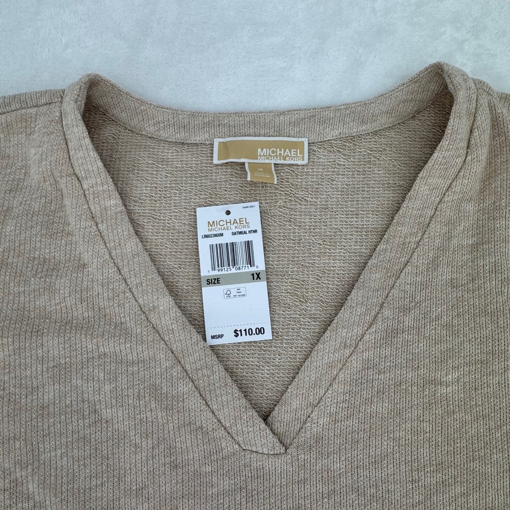 NEW Michael Kors Oatmeal Heather V-Neck Tunic Length Top Womans Plus Size 1X MK - Picture 3 of 6